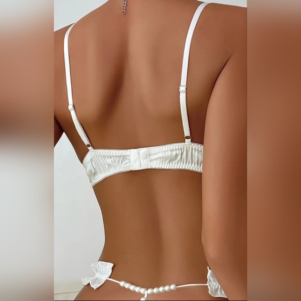 SOLD‼️BOWS & PEARLS~Bra Panty Set Thong Lingerie Wedding Bridal Shower Honeymoon - Picture 3 of 6